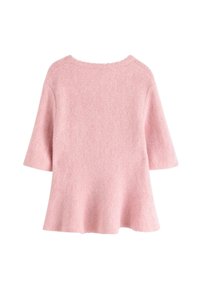 Rosa kortärmad topp i mjukt stickat material, med en utsvängd nederkant och en bred halsringning med ribbad kant. Enkel och strukturerad design.