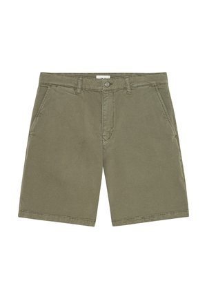 Legere Shorts in Olivgrün mit Fronttaschen, Gürtelschlaufen, Knopfverschluss und mittellangem Saum.