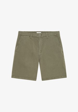 Olive green casual shorts with front pockets, belt loops, button closure, and mid-length hem.