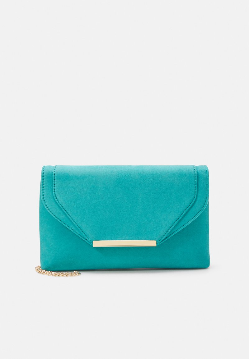 Teal suede clutch med klafflås, med et gullfarget metallaccent og en avtagbar kjedehåndtak. Glatt tekstur og minimalistisk design.