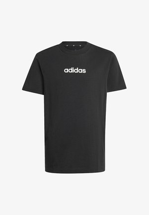 T-shirt de algodão preto com gola redonda. Apresenta um logótipo "adidas" branco na frente. Mangas curtas e corte padrão.