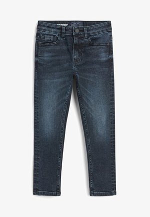 Slim Fit Jeans aus dunkelblauem Denim mit leichter Ausbleichung, Fünf-Taschen-Design und kontrastierenden Nähten. Mit Knopfverschluss und Gürtelschlaufen ausgestattet.