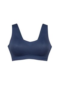 Marineblauer BH mit breiten Trägern, glatter Textur und einem V-Ausschnitt. Nahtloses Design ohne sichtbare Hardware oder Verzierungen.