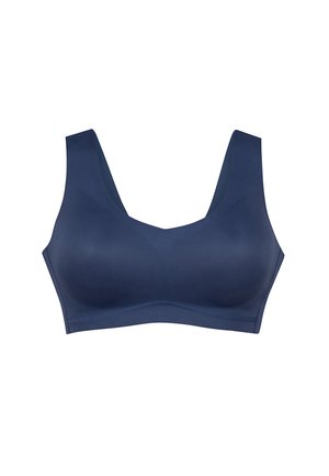 Marineblauwe bh met brede bandjes, zachte textuur en een V-vormige halslijn. Naadloos ontwerp zonder zichtbare hardware of versieringen.