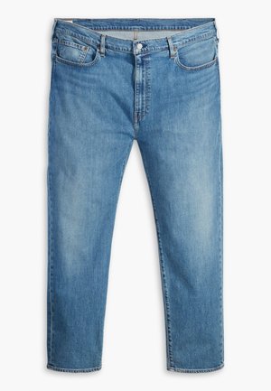 Modri jeans z ravnim krojem, ki imajo pet žepov, gumbasto zapiranje in šivano obrobo vzdolž šivov.