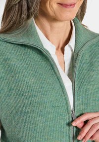Gilet zippé vert clair avec texture côtelée, fermeture éclair argentée et col, porté par-dessus une chemise blanche. Matière douce.