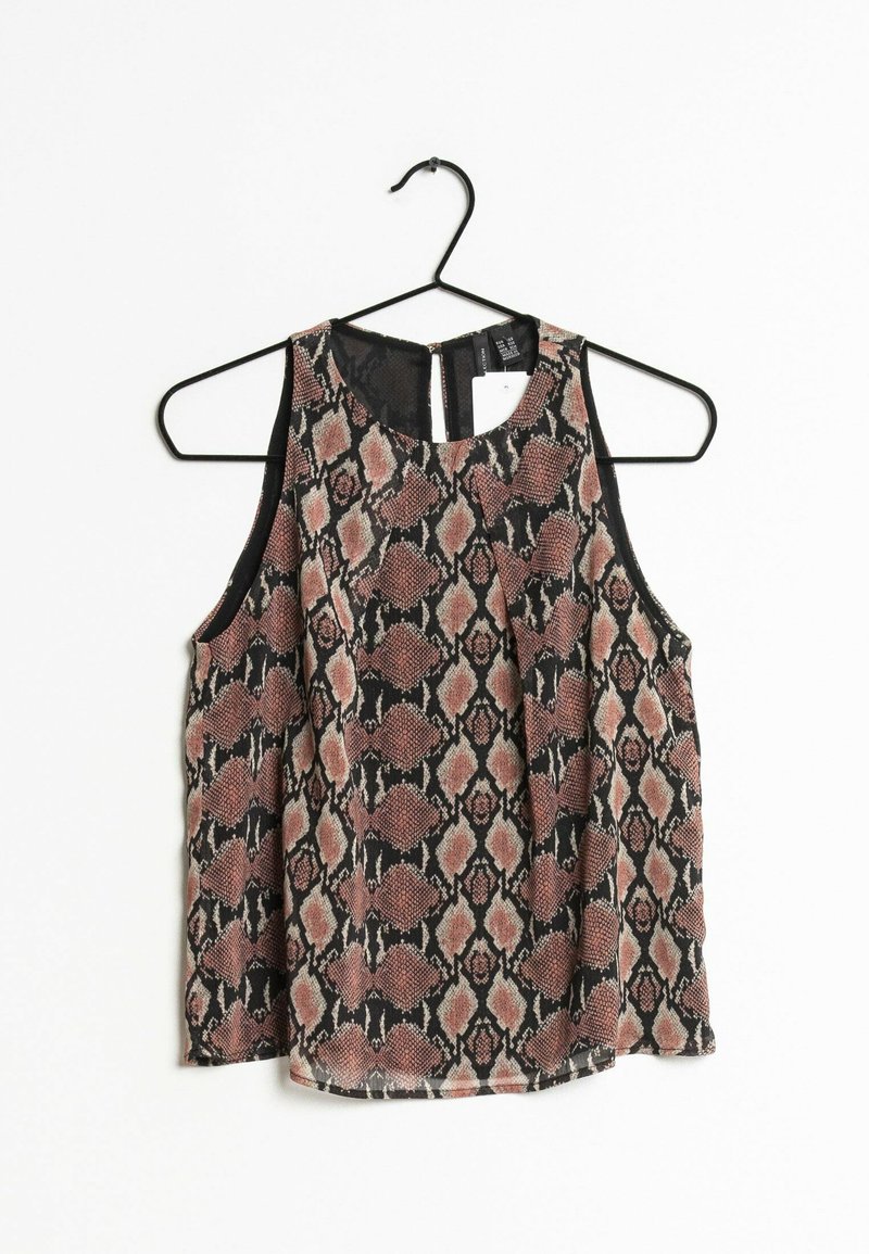 Débardeur sur un cintre, présentant un motif serpent noir et rose avec un col rond et un détail de dos en creux.
