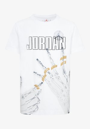White cotton t-shirt featuring a graphic design of hands and the word "JORDAN" in bold black letters, accented with yellow and blue details.