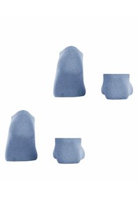 Niebieskie bawełniane skarpetki kostkowe z prążkowaną teksturą i bezszwowym designem, charakteryzujące się dopasowanym fasonem oraz różnymi widokami ukazującymi kształt i strukturę.