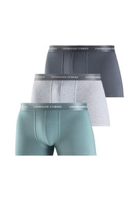 Three pairs of boxer briefs in dark grey, light grey, and teal, featuring a knitted waistband with "Copenhagen Studios" branding.