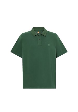 Mørkegrøn kortærmet polo med to knapper og et lille broderet logo på venstre bryst.