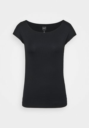 Black short-sleeve t-shirt made of soft cotton, featuring a scoop neckline and a fitted design with no patterns or embellishments.