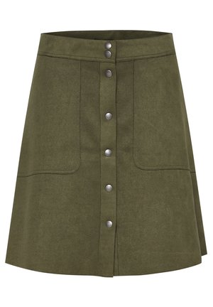 Jupe A-line vert olive en tissu doux, dotée d'une fermeture à boutons sur le devant avec des boutons métalliques et de deux poches en biais.