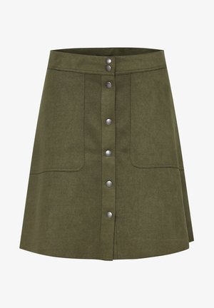 Olivgrüner A-Linien-Rock aus weichem Stoff, mit einem vorderen Knopfverschluss aus Metallknöpfen und zwei eingearbeiteten Taschen.