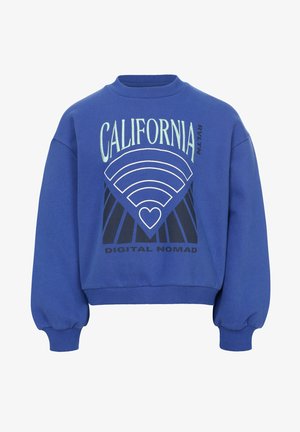 Blauwe cropped sweatshirt met een grafische print met de teksten "CALIFORNIA" en "DIGITAL NOMAD." Geribbelde halslijn en manchetten, zachte textuur.