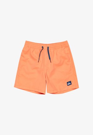 Oranje zwembroek gemaakt van lichtgewicht stof met een elastische tailleband, blauwe trekkoord en een marineblauw logo-opdruk aan de zijkant.