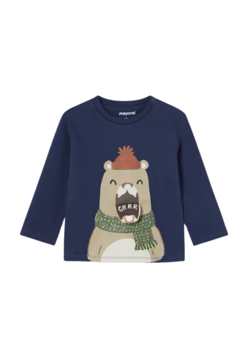 Camicia azzurra a maniche lunghe con grafica di un orso con la bocca aperta, che indossa una sciarpa verde e un cappello rosso. Materiale in cotone, design con collo tondo.