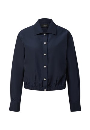 Marineblauwe blouse met lange mouwen, ruime kraag, elastische zoom en zes decoratieve zilveren knopen in bloemvorm aan de voorkant.