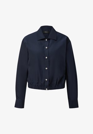 Navy long-sleeve blouse with spread collar, elastic hem, and six decorative flower-shaped silver buttons down the front.