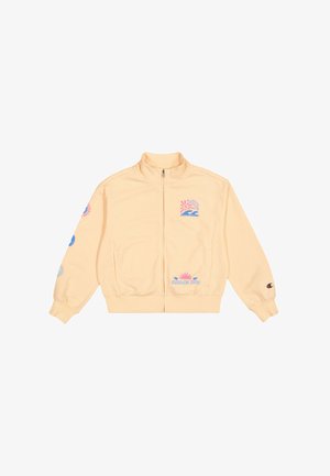 Sudadera amarilla claro con cremallera, fabricada en material suave. Presenta estampados vibrantes de diseños de sol y olas en el pecho y las mangas.
