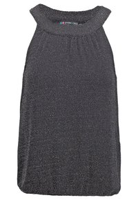 Bezrękawowy czarny top z teksturowanym wzorem z srebrnych nici; ma szeroką linię dekoltu i lekko rozszerzający się dół, co zapewnia luźny krój.