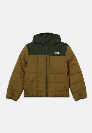 Veste matelassée à capuche marron et vert foncé avec une fermeture éclair frontale et le logo The North Face sur la partie supérieure gauche de la poitrine.