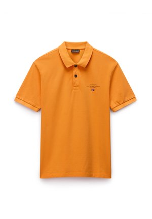 Orange cotton polo shirt with a collared neckline, two black buttons, and a small logo design on the left chest area. Short sleeves.