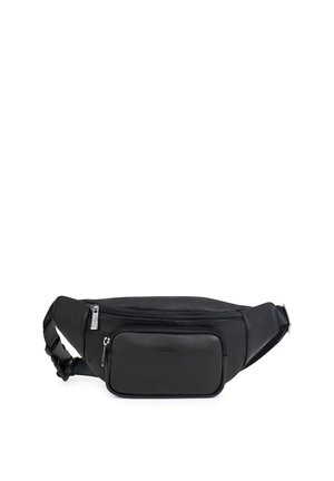 Sac banane en cuir noir avec sangle réglable, poche avant zippée et compartiment principal zippé pour un port mains libres.