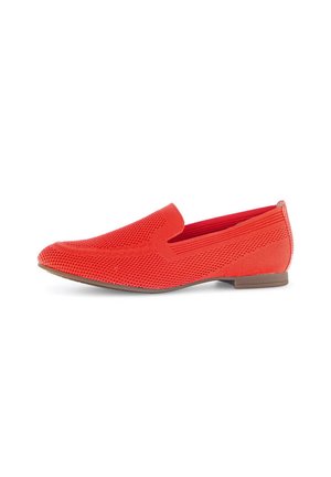 Red slip-on shoe made from breathable mesh material. Features a low heel, textured surface, and elastic side panels for easy wearing.