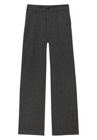 Pantalon gris foncé à jambes droites avec fines rayures blanches verticales, fermeture par bouton et passants pour ceinture.