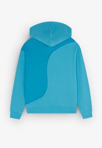 Blauwe hoodie met een groot, abstract patchontwerp in een lichtere tint. Gemaakt van zachte katoen, heeft het een capuchon met trekkoorden en ribgebreide boorden.