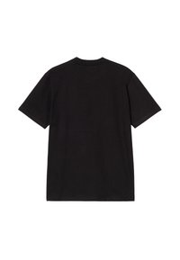 Camiseta negra de manga corta mostrada desde la parte trasera sobre un fondo blanco, sin logotipos ni diseños visibles.