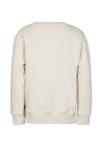 Vaaleanbeige huppari, jossa on pyöreä pääntie, pitkät hihat ja ribbauskut. Pehmeä materiaali ilman näkyviä kuvioita tai koristeita.