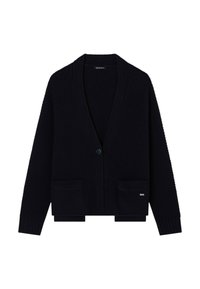 Zwarte gebreide cardigan met lange mouwen, twee voorzakken, een enkele knoopsluiting en een geribde kraag en mouwen.