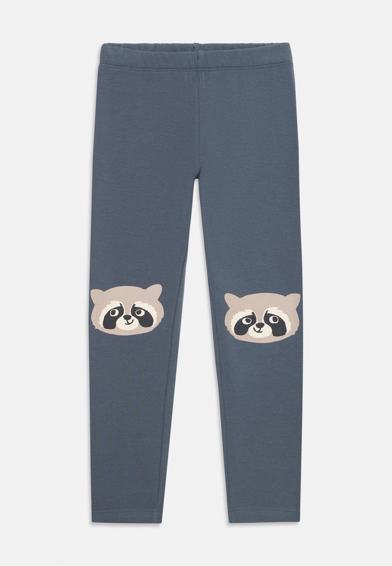 Gray leggings feature two cartoon raccoon faces on the knees, made from soft fabric with a smooth texture and elastic waistband.