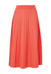 Skórzany, plisowany spódniczka w kolorze koralowym z szerokim elastycznym paskiem, z pionowymi białymi paskami, wykonana z gładkiego materiału dla swobodnego kroju.
