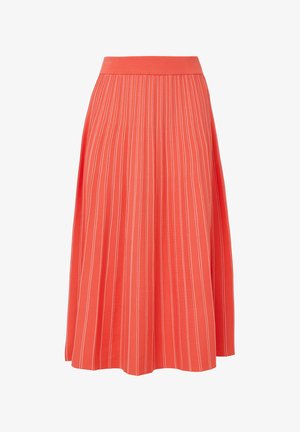 Gonna plissettata corallo con ampia cintura elastica, caratterizzata da strisce bianche verticali, realizzata in un tessuto liscio per un design fluido.