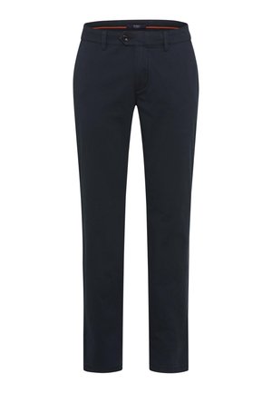Pantaloni blu navy realizzati in misto cotone, con chiusura a bottone, passanti per la cintura e design a gamba dritta. Tessuto liscio senza fantasie.