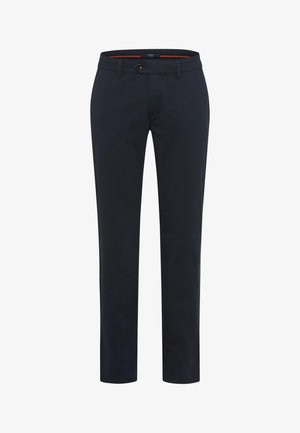 Pantaloni blu navy realizzati in misto cotone, con chiusura a bottone, passanti per la cintura e design a gamba dritta. Tessuto liscio senza fantasie.