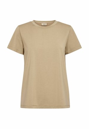 Beżowa damska koszulka z krótkim rękawem i okrągłym dekoltem, z małą metką na karku, przedstawiona na białym tle.