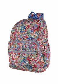 Un sac à dos à imprimé floral aux couleurs vives, avec une poche avant zippée, des bretelles rembourrées et une boucle en tissu en haut pour le transport.