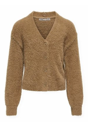 Tan fuzzy cardigan met een V-hals, lange mouwen en een sluiting met vijf knopen. Heeft een zachte textuur en een cropped ontwerp.