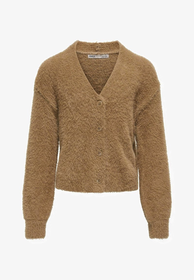 Gilet en lainage doux, de couleur beige, avec un col en V, des manches longues et une fermeture à cinq boutons. Présente une texture agréable et un design court.