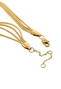 Złoty naszyjnik z wieloma paskami o gładkiej, metalicznej fakturze. Posiada zapięcie typu karabińczyk oraz regulowany łańcuszek z wieloma małymi ogniwami.