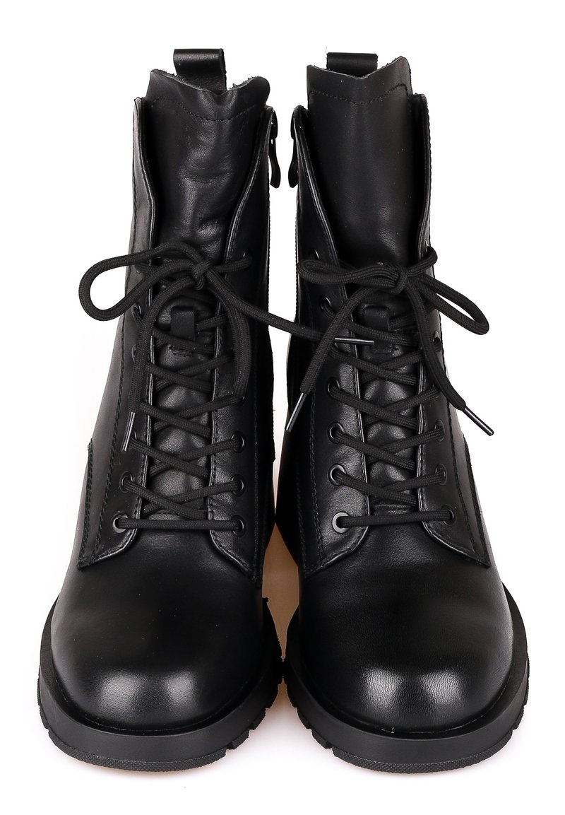 Black leather ankle boots with a smooth finish, round toe, front laces, zip closure, and textured rubber sole.