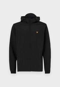 Zwarte lichtgewicht jack met capuchon, elastische manchetten, een rits aan de voorkant en zijzakken. Bevat een klein gele geborduurd logo op de linkerkant van de borst.