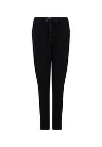 Czarne spodnie slim fit z elastycznym paskiem i zapinanymi na zamek bocznymi kieszeniami, zaprojektowane do użytku codziennego lub sportowego.