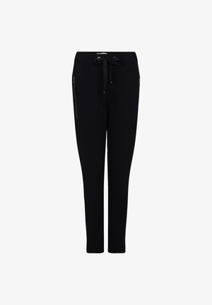 Zwarte slim-fit broek met een trekkingkoord in de taille en ritssluitingen aan de zijkanten, ontworpen voor casual of sportieve outfits.