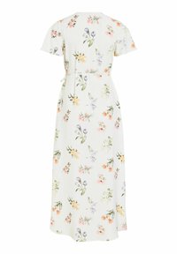Robe midi blanche à manches courtes avec imprimé floral multicolore, dotée d'une ceinture nouée sur le côté et d'un ourlet droit.