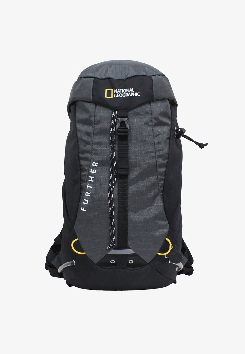 Black and gray backpack with a textured design, adjustable straps, front zip pocket, and 'FURTHER' text. Features yellow hardware accents.